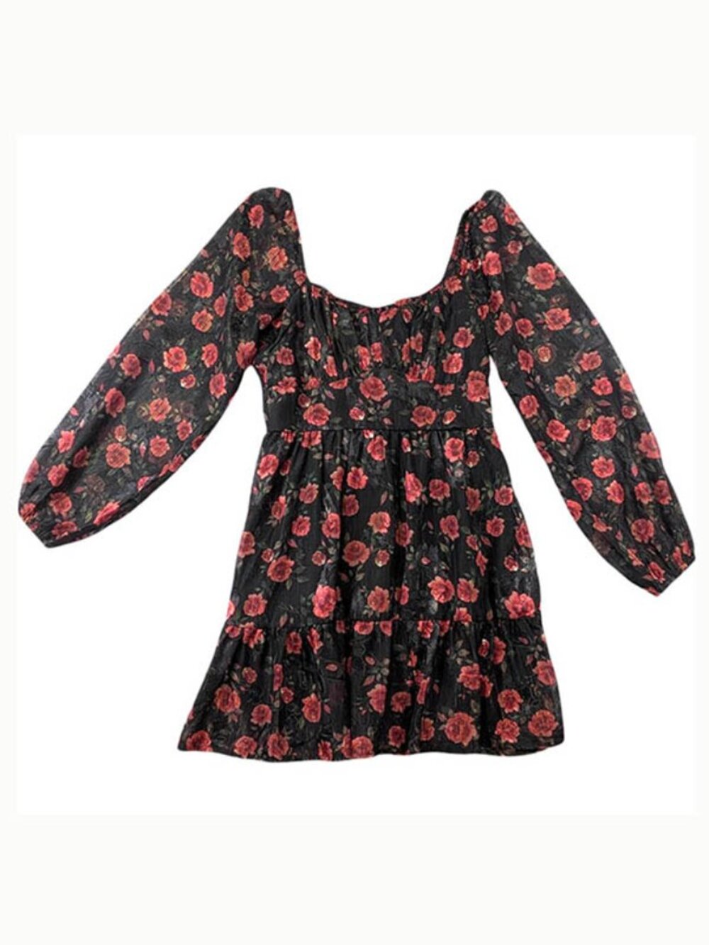 Altar'd State Dress Womens Medium Black Floral Coquette Peasant Fairy Milkmaid